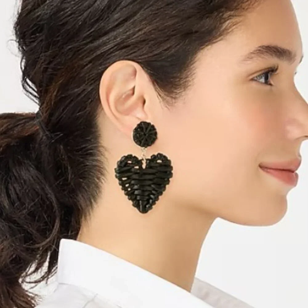 J. Crew Black Woven Heart Statement Earrings/NWT - Picture 3 of 12